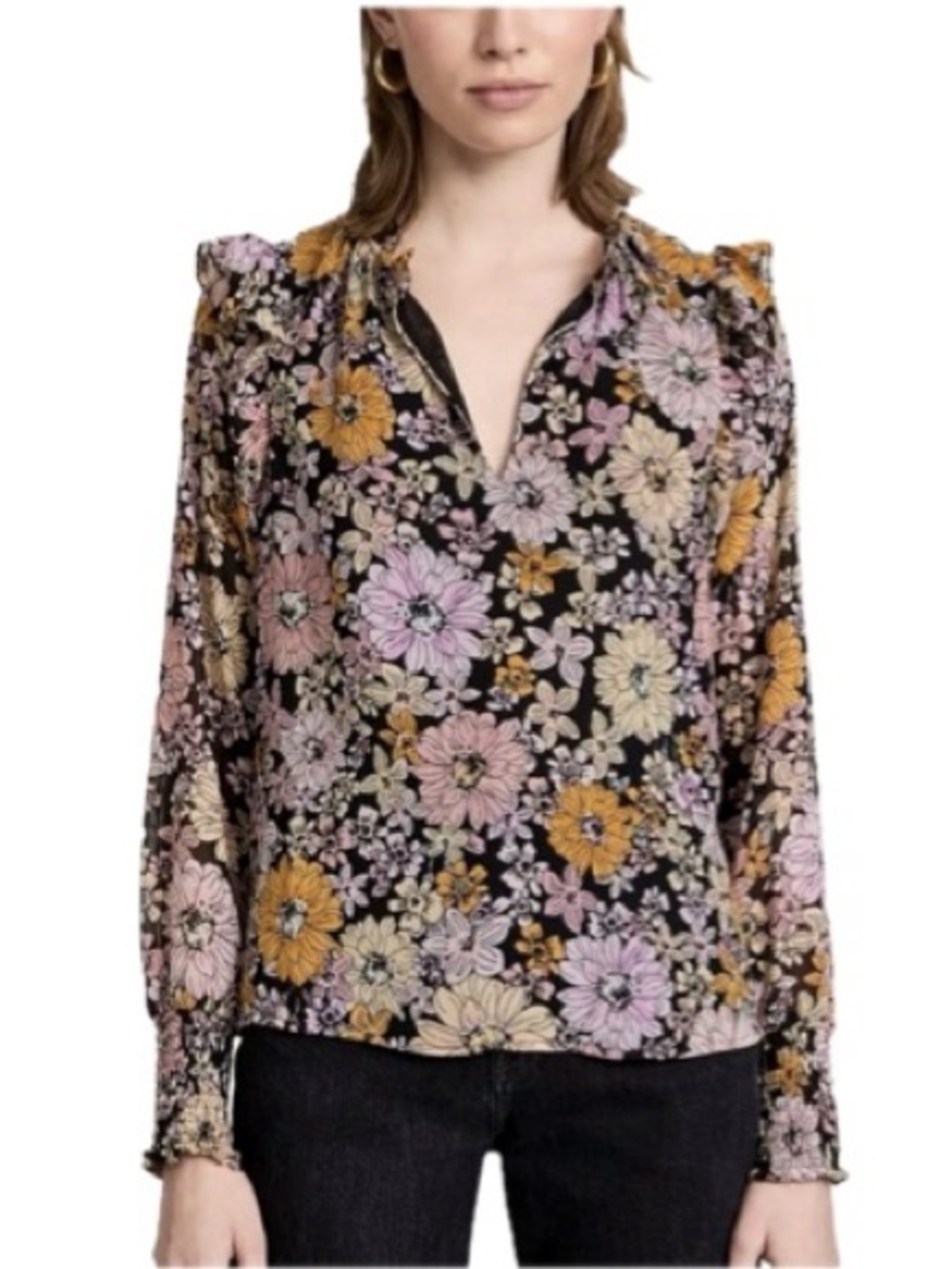 BB Dakota Floral Me Not Top Womens Size XS Sheer Ruffle Neck Long Balloon Sleeve